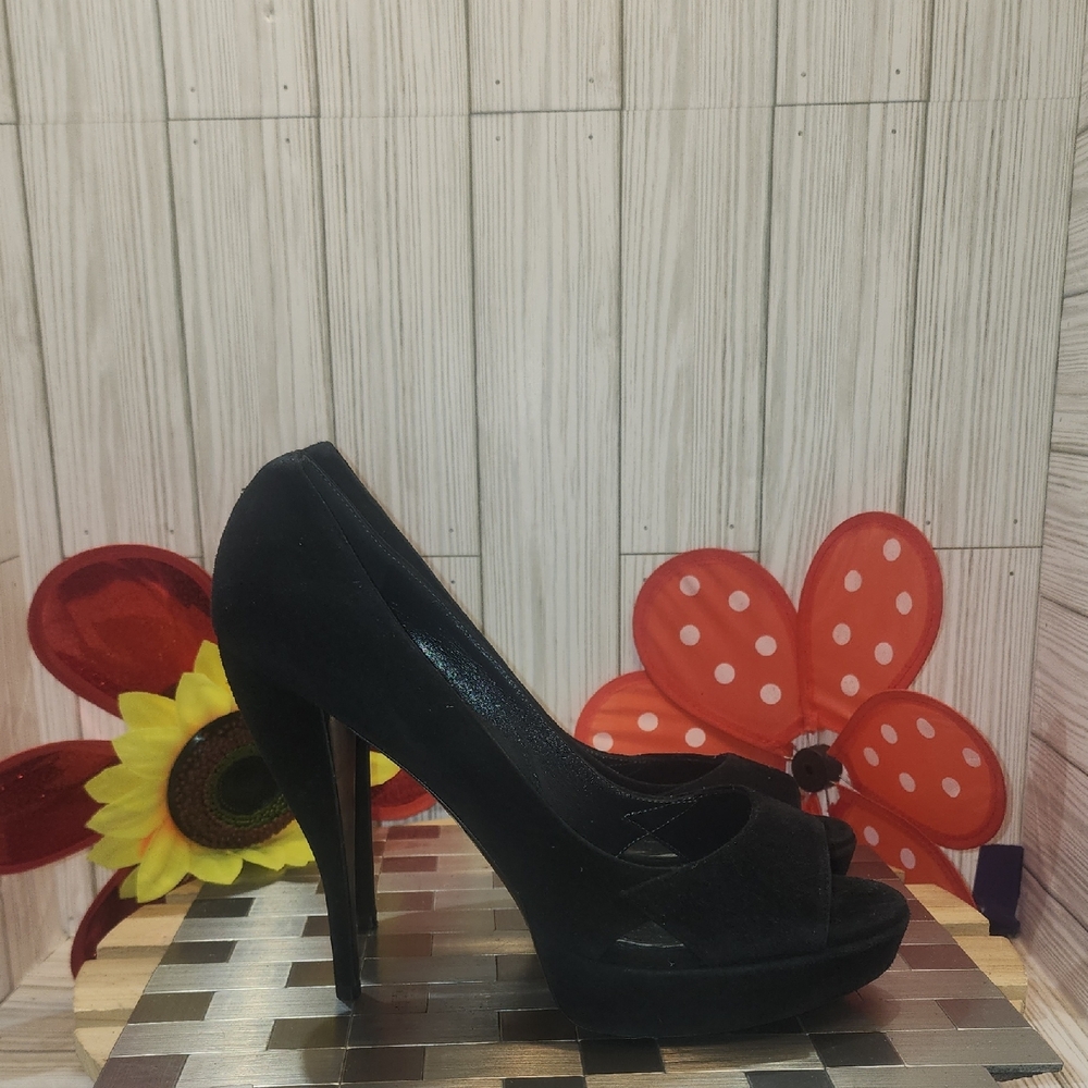 Edmundo Castillo Elegant Black Suede Peep-Toe Heels - Picture 5 of 9